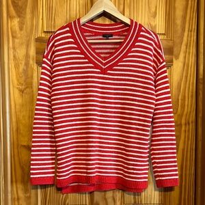 Talbots Red and White Striped V-Neck Sweater